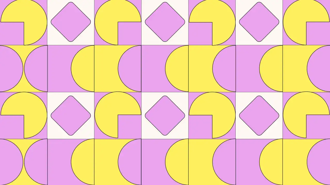 Geometryczny wzór z żółtymi i fioletowymi kształtami.