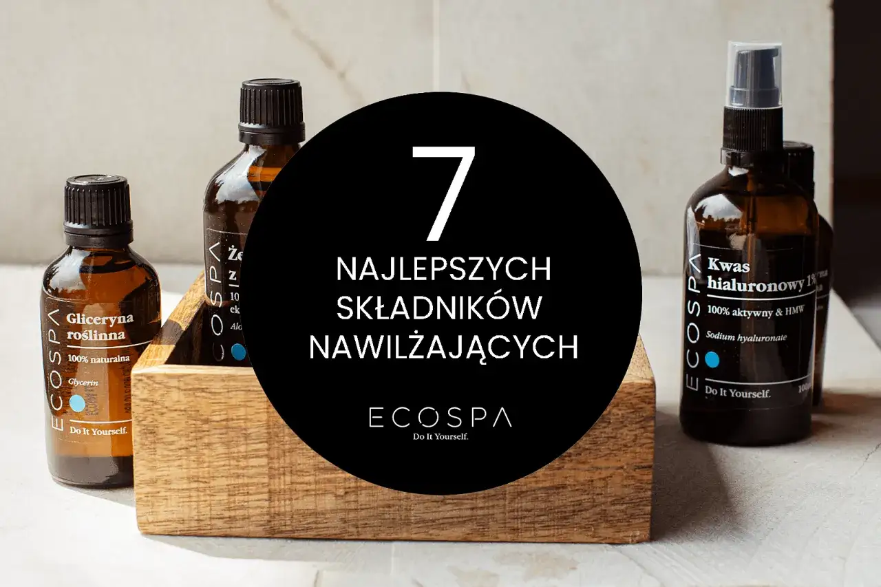 Butelki z kosmetykami, w tym z gliceryną roślinną, na tle napisu 