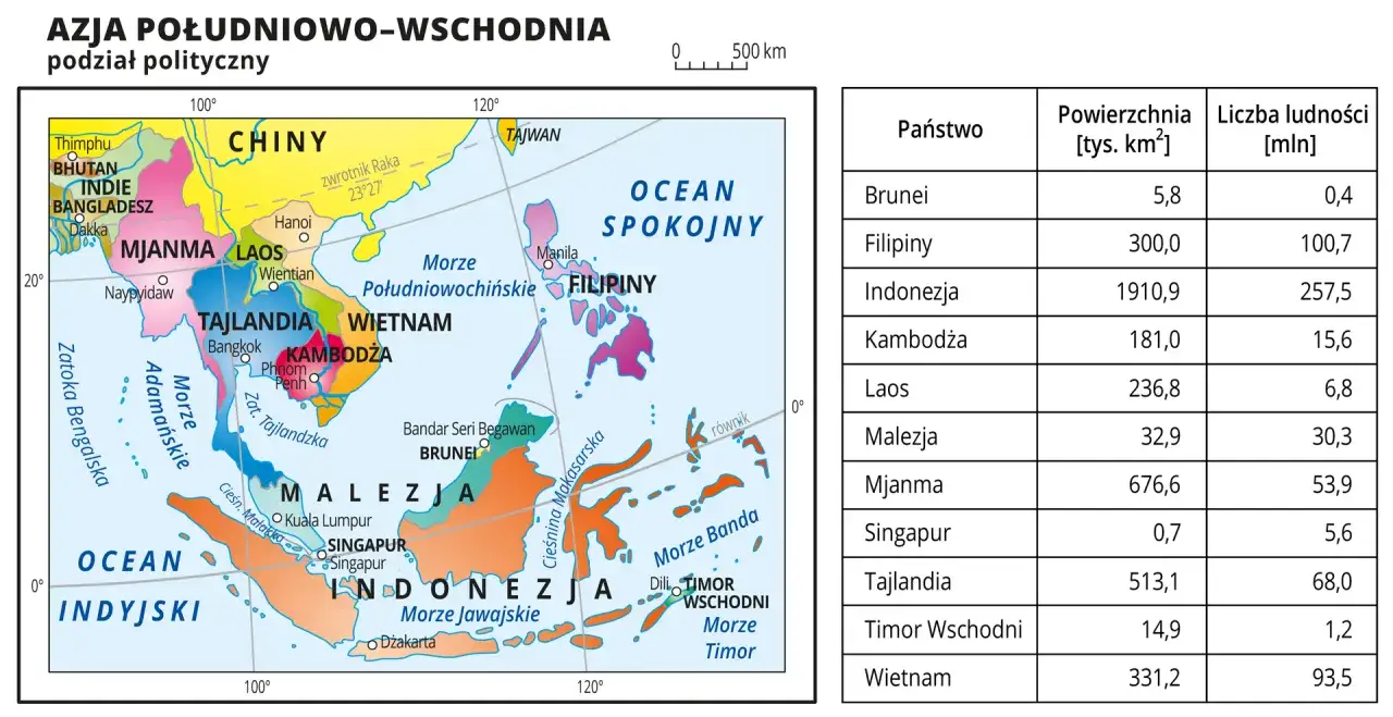 Mapa Azji Południowo-Wschodniej pokazuje, gdzie leży Tajlandia, między Mjanmą, Laosem, Kambodżą i Malezją, nad Zatoką Tajlandzką.