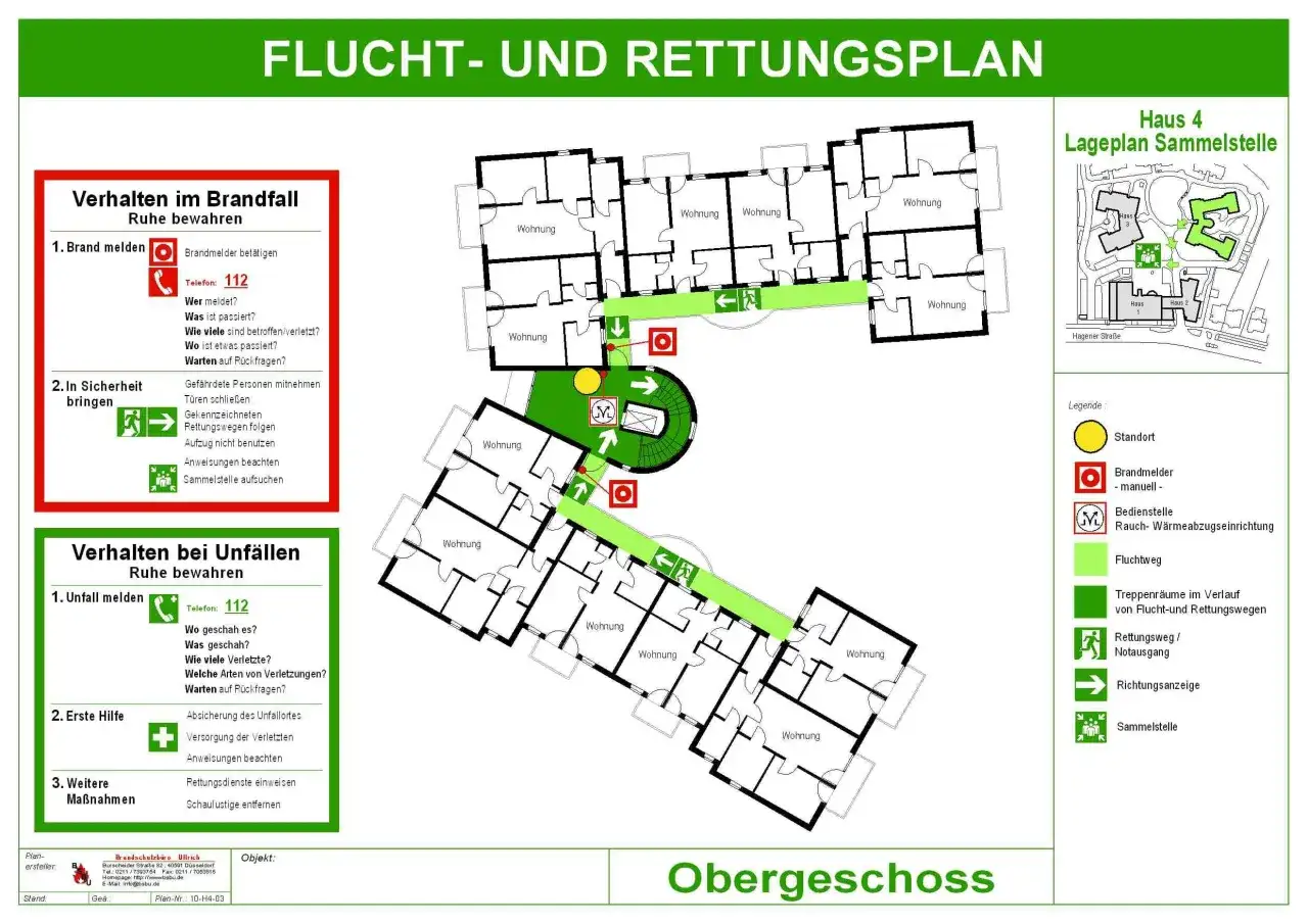 Flucht- und Rettungsplan: Was ist Brandschutz? Anweisungen f&uuml;r Brandfall und Unf&auml;lle, Fluchtwege und Sammelstelle sind auf diesem Plan detailliert.