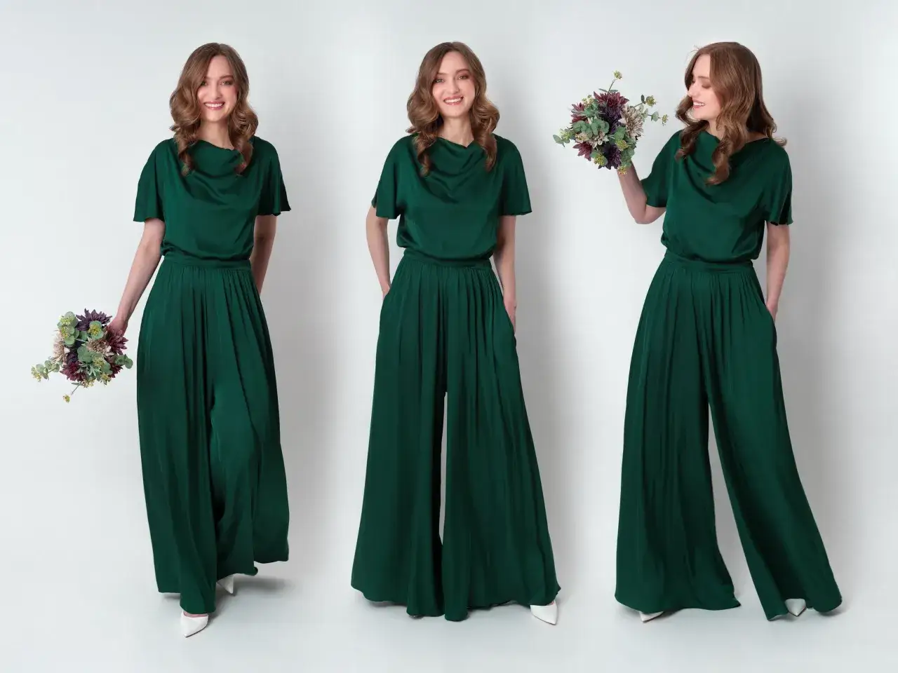 Eleganckie, zielone stylizacje na wesele. Modelka prezentuje szerokie spodnie i luźną bluzkę, a w jednej z wersji trzyma bukiet kwiatów.