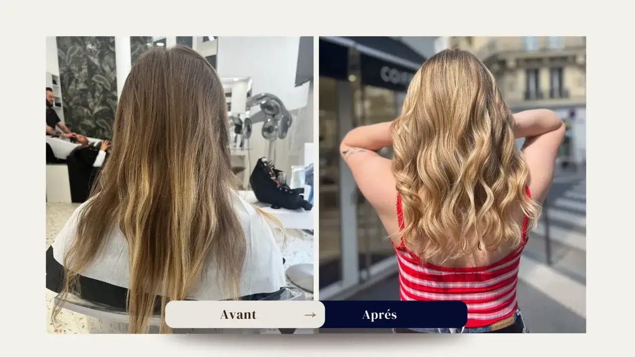 Avant/Après : une transformation capillaire réussie pour devenir blonde, avec des cheveux châtains ternes devenant blonds éclatants et ondulés.