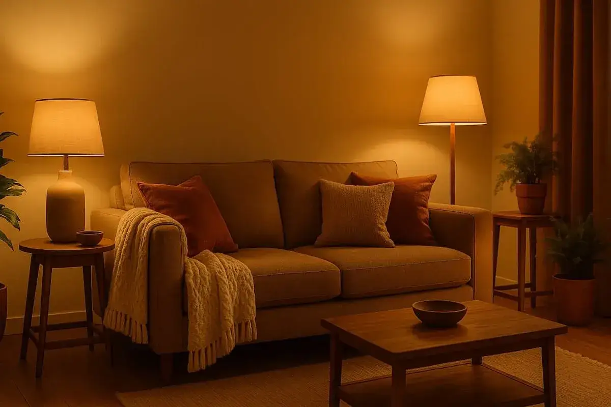 Sof&aacute; acogedor con mantas y cojines, l&aacute;mparas c&aacute;lidas y plantas crean un ambiente de estilo cozy.