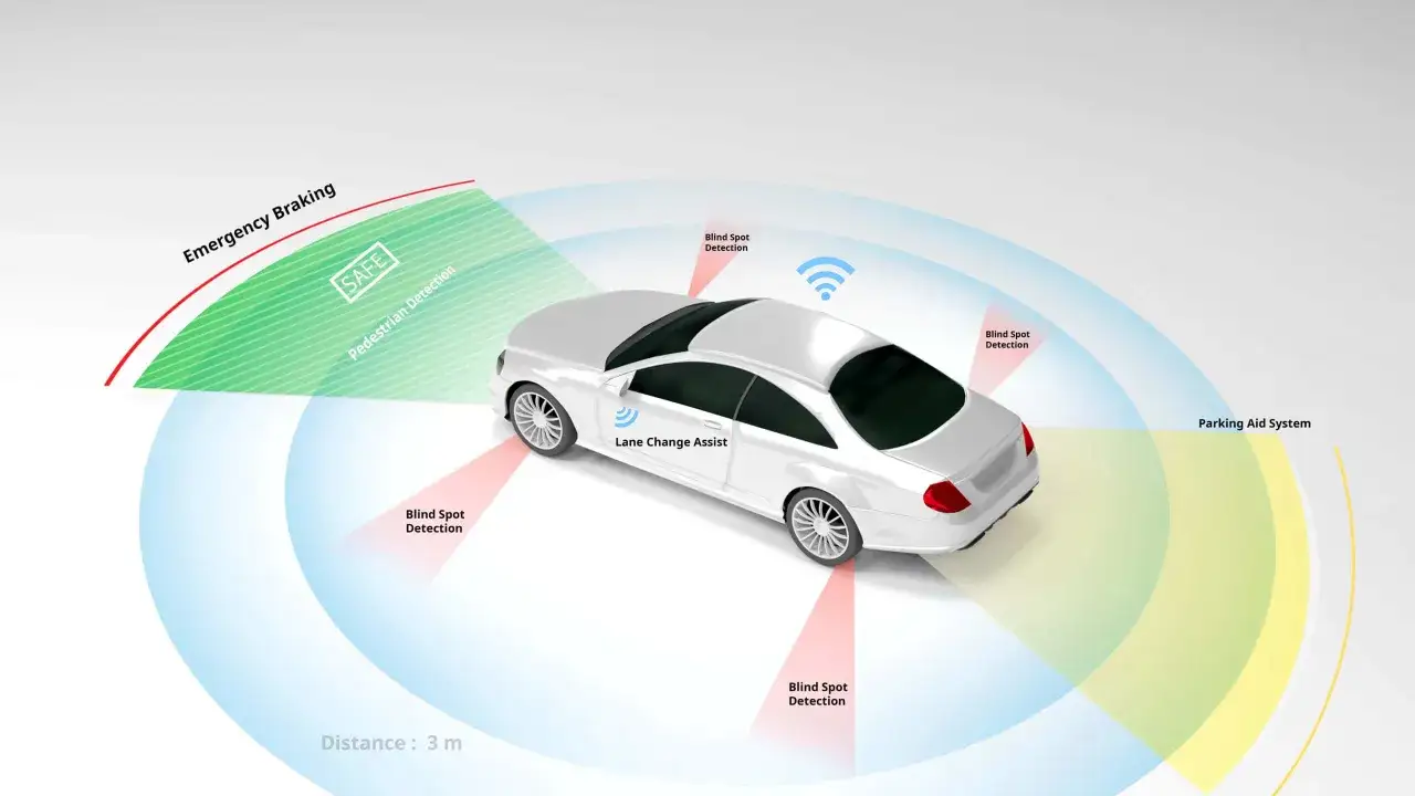 Auto bianca con sistema di guida autonoma: rileva pedoni, ostacoli e assiste nel cambio corsia.