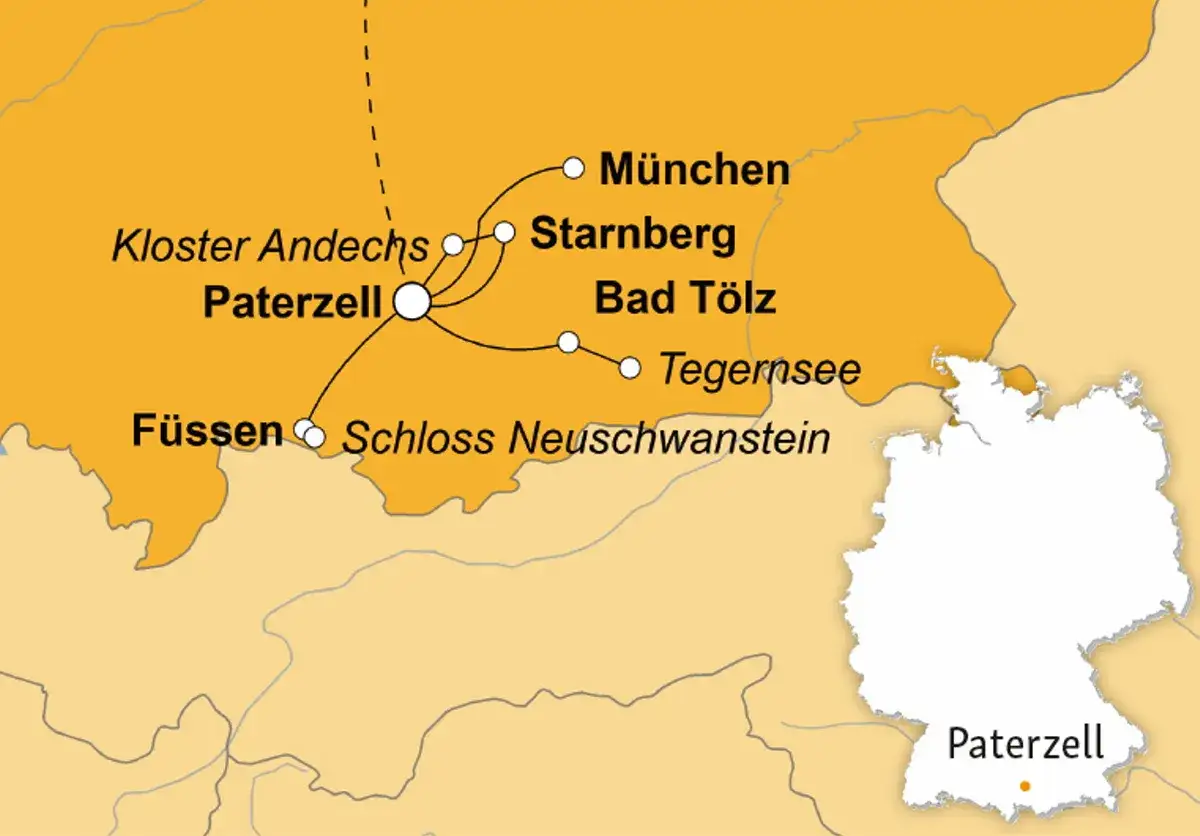 Karte mit Sehensw&uuml;rdigkeiten in Bayern: M&uuml;nchen, Starnberg, Bad T&ouml;lz, Tegernsee, Kloster Andechs, Paterzell, F&uuml;ssen und Schloss Neuschwanstein.