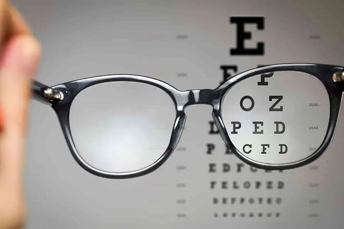 Okulary na tle tablicy Snellena. Czy przy astygmatyzmie trzeba nosić okulary cały czas? Zależy od wady.