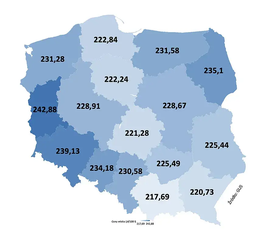 Mapa cen skupu mleka w Polsce województwa