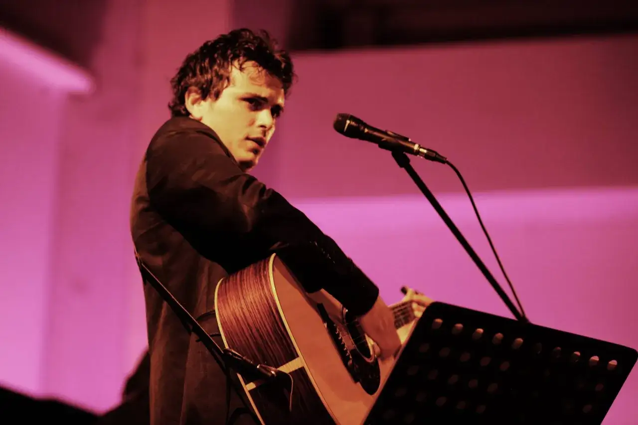 Un chitarrista suona sul palco, illuminato da luci rosa. Potrebbe interpretare testi di Giorgio Gaber, come 