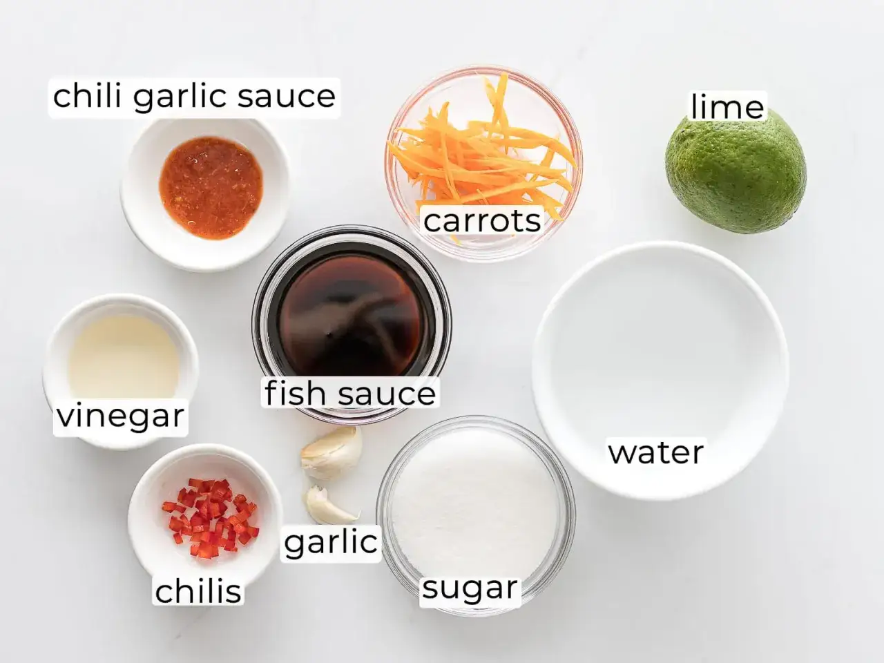 Ingredienser för en god vietnamesisk sås: chili, vitlök, fisksås, lime, vinäger, socker, morötter och vatten.