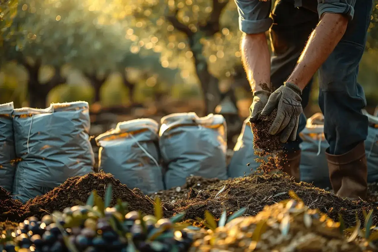 Un agriculteur prépare la terre, riche et fertile, idéale pour un olivier. Des sacs de terre sont prêts, sous un soleil doré.