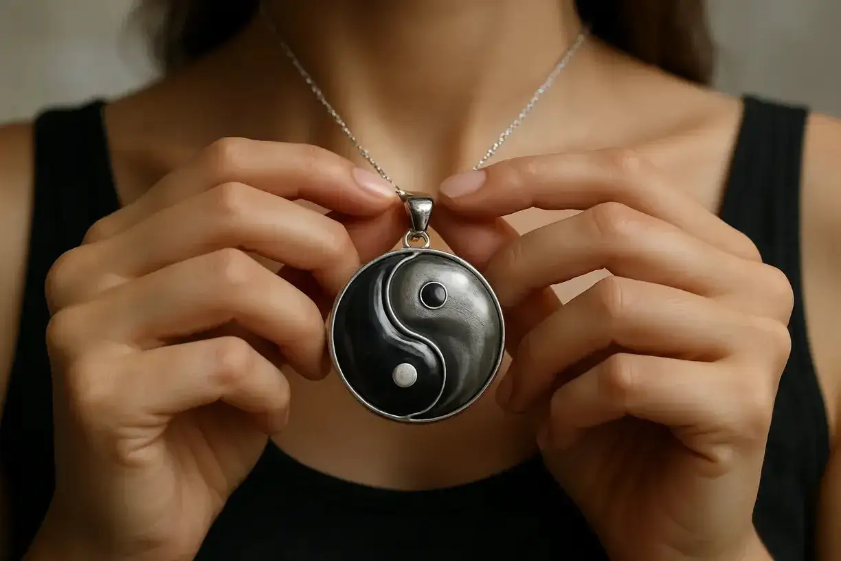 Dłonie trzymają okrągły wisiorek z symbolem ying yang, symbolizującym równowagę i harmonię.