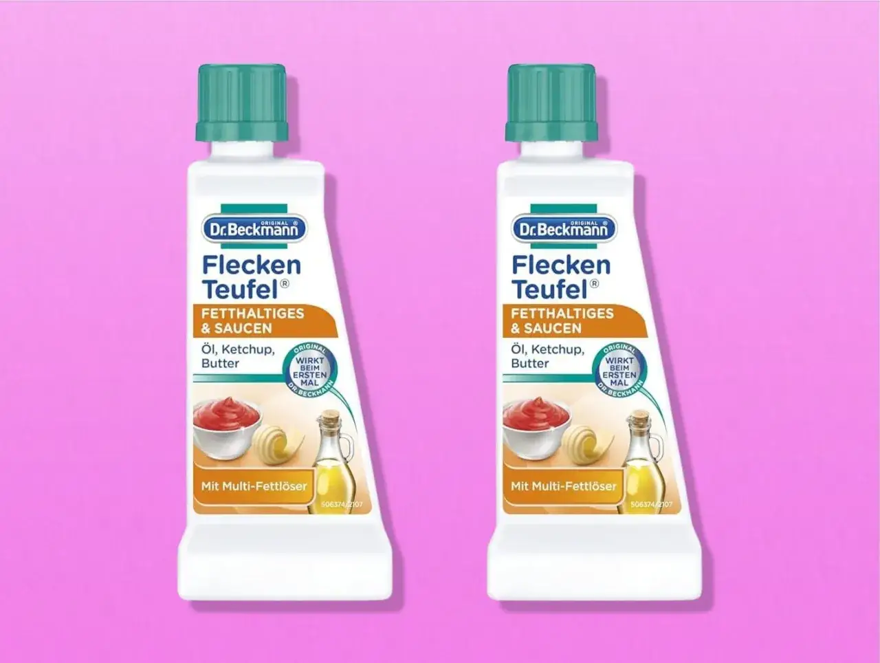 Zwei Flaschen Dr. Beckmann Flecken Teufel gegen fetthaltige Flecken wie &Ouml;l, Ketchup und Butter. Ideal zum Fettflecken entfernen.