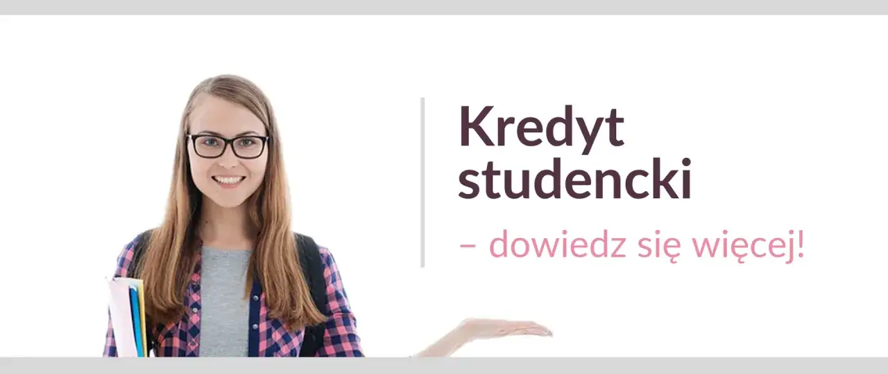 Uśmiechnięta studentka z zeszytami i plecakiem. Napis: Kredyt studencki – dowiedz się więcej!