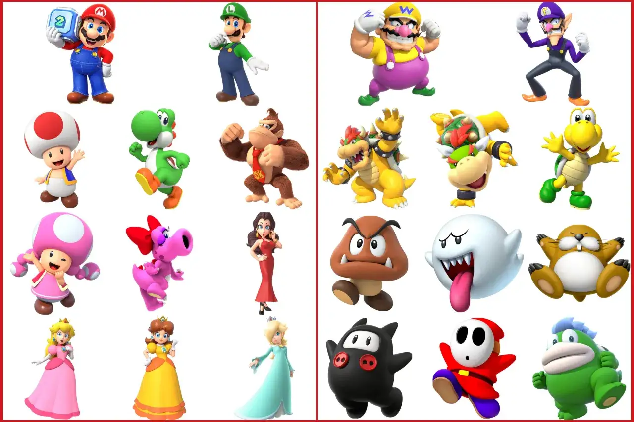Postacie z Mario Party Jamboree: Mario, Luigi, Toad, Yoshi, Donkey Kong, Wario, Waluigi, Bowser, Koopa Troopa, Toadette, Birdo, Pauline, Goomba, Boo, Monty Mole, Shy Guy, Spike.