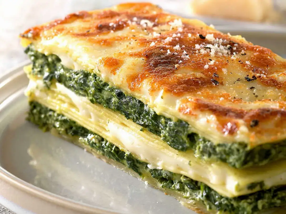Lasagnes à la ricotta et épinards, une recette italienne gourmande. Les couches de pâtes alternent avec une garniture crémeuse et des épinards.