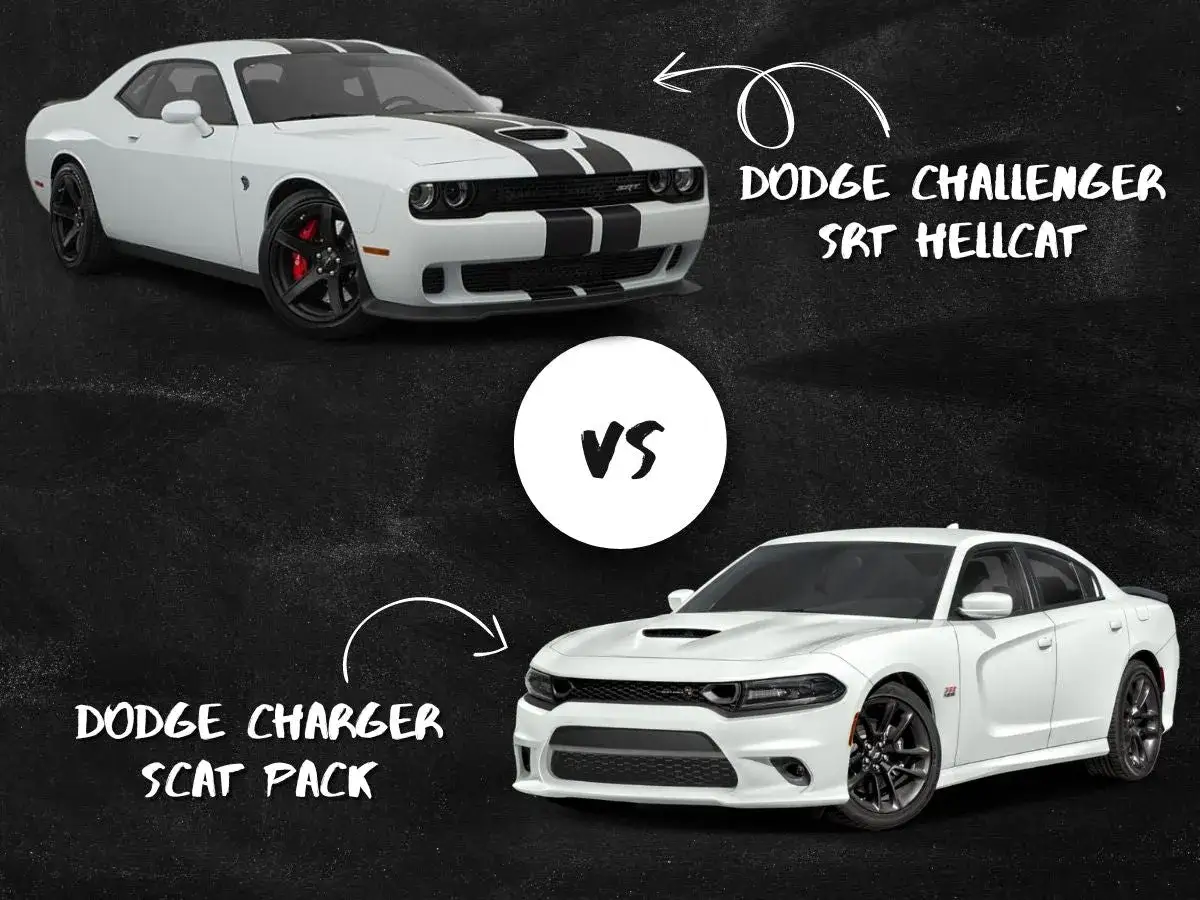 Dodge Challenger SRT Hellcat kontra Dodge Charger Scat Pack. Dwa białe muscle cary, gotowe do wyścigu.