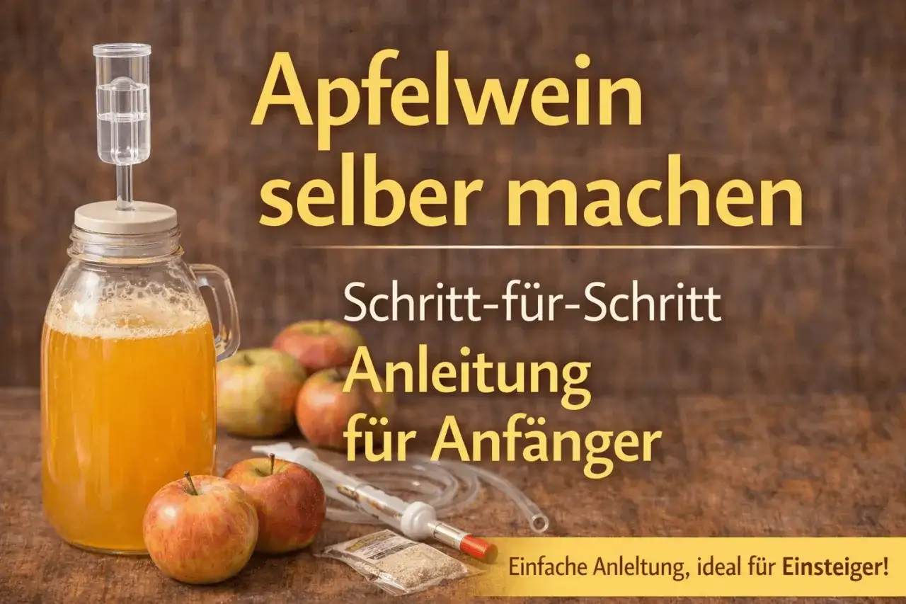 Glasballon mit Gärspund, Äpfel und Zubehör für Apfelwein selber machen. Schritt-für-Schritt Anleitung für Anfänger.