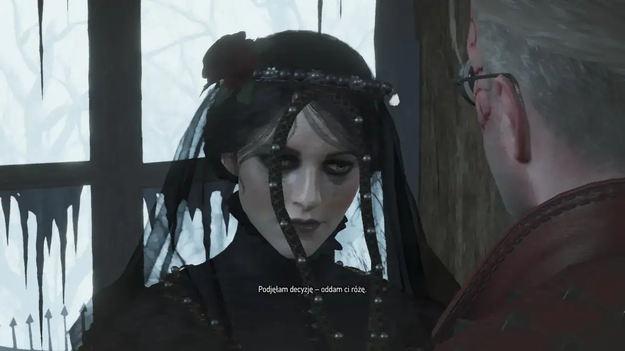 Geralt słucha decyzji kobiety w czarnej sukni i welonie. Czy w Wiedźmin 3 żyli długo i szczęśliwie?