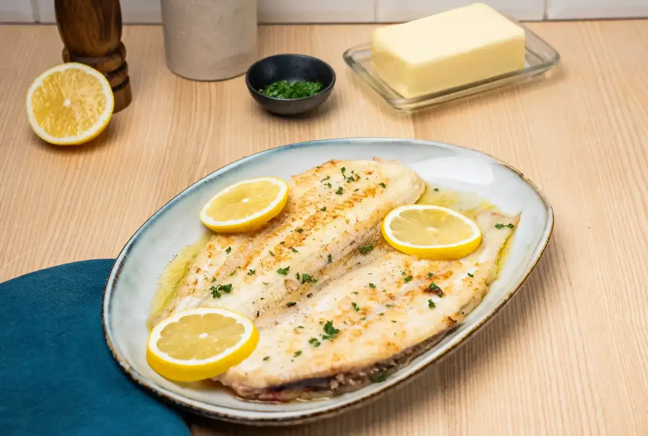 Deux filets de sole meunière dorés, garnis de rondelles de citron et de persil frais, sur une assiette ovale.