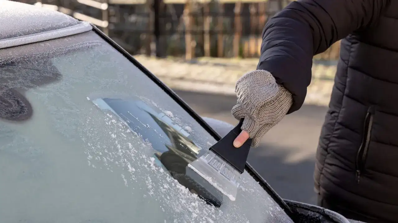 Eisige Autoscheiben? Mit diesem Hausmittel bleiben sie eisfrei. Eine Hand mit Handschuh kratzt Eis von der Windschutzscheibe.