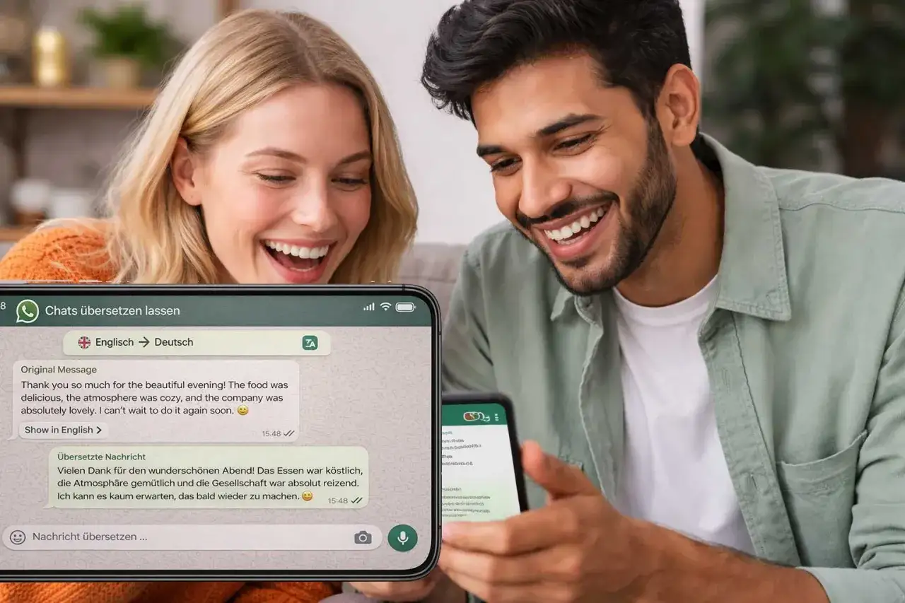 Ein Paar lacht, w&auml;hrend es eine WhatsApp-Nachricht auf Deutsch liest. Sie sch&auml;tzen die einfache &Uuml;bersetzung, die ihnen hilft, sich zu verbinden.