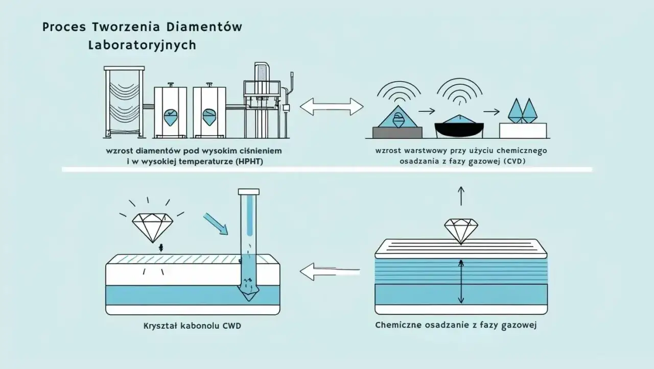 Schemat przedstawia proces tworzenia diamentów laboratoryjnych. Odpowiada na pytanie, jak powstaje diament z prochów, pokazując metody HPHT i CVD.
