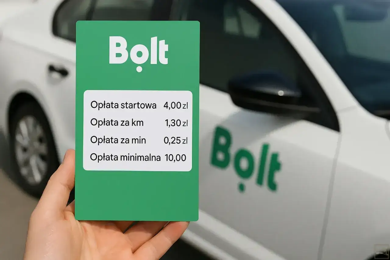Zielona karta z cennikiem Bolt: opłata startowa 4 zł, za km 1,30 zł, za min 0,25 zł, minimalna 10 zł.