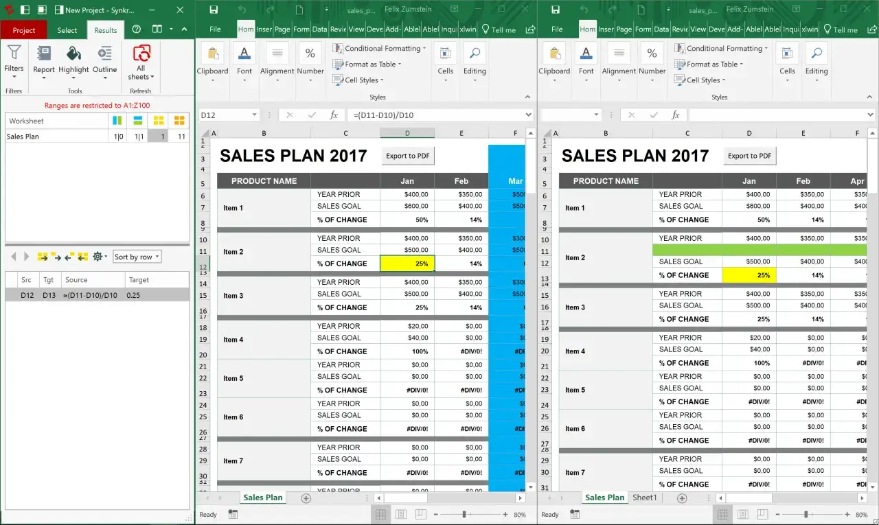 Dwa arkusze kalkulacyjne z planem sprzedaży na 2017 rok. Darmowy arkusz kalkulacyjny pokazuje dane produkt&oacute;w, cele sprzedaży i procentowe zmiany.