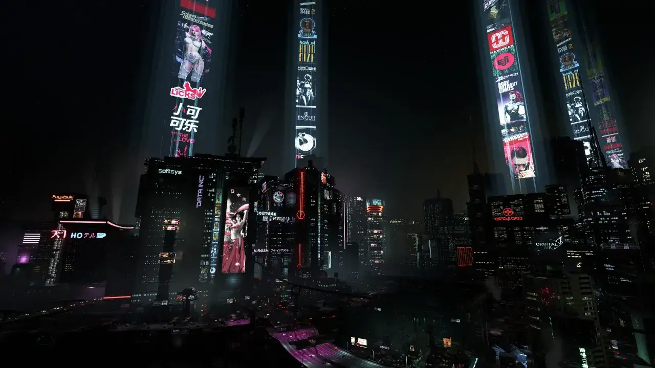 Nocne miasto w stylu mody cyberpunk, z neonowymi reklamami i drapaczami chmur.