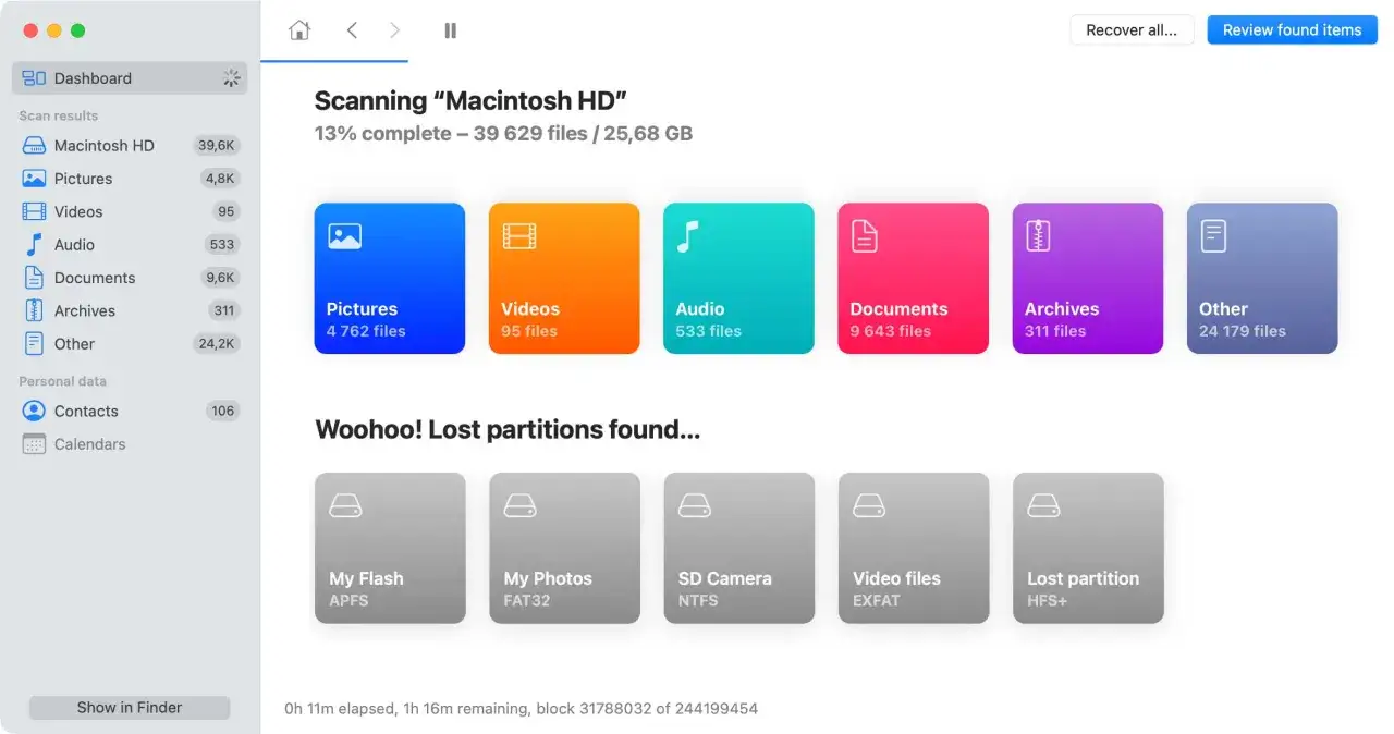 Skanowanie dysku Macintosh HD, odnaleziono utracone partycje. Widoczne kategorie: Zdjęcia, Filmy, Audio, Dokumenty, Archiwa, Inne.
