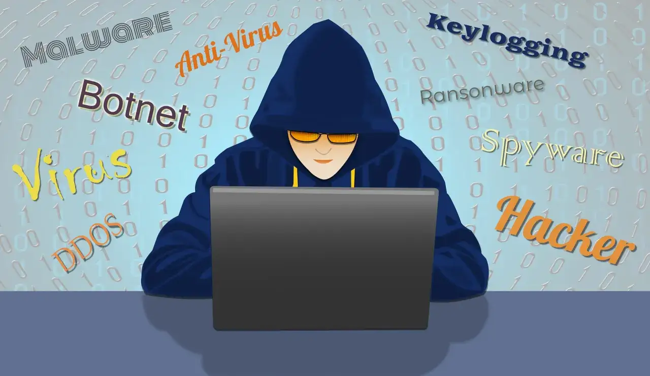 Postać w kapturze pracuje przy laptopie, otoczona słowami: Malware, Botnet, Virus, DDoS, Anti-Virus, Keylogging, Ransomware, Spyware, Hacker. To wizualizacja cyberzagrożeń.