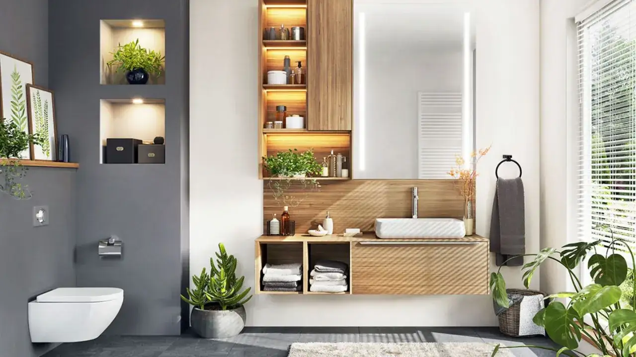 Modernes Badezimmer mit vielen Pflanzen. Ein Waschbecken mit Holzunterschrank, Spiegel und einem Handtuchhalter. Eine Toilette steht links.