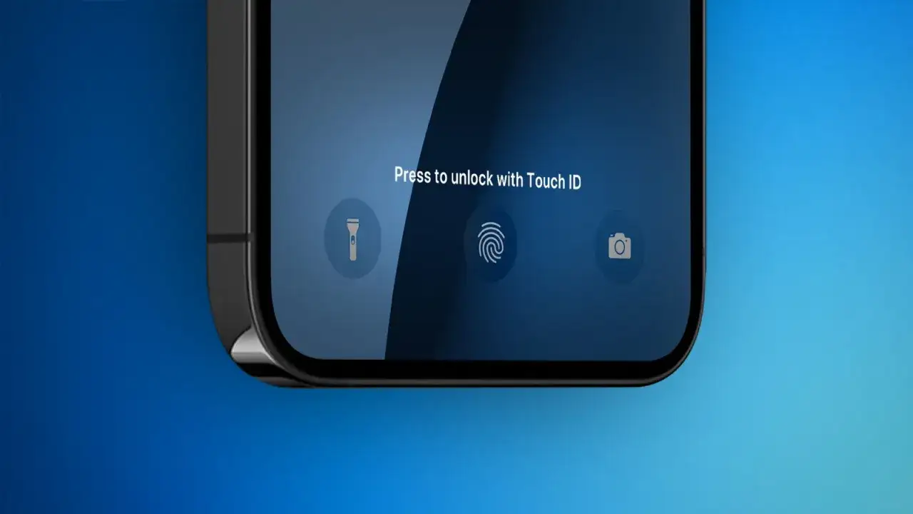Écran de verrouillage d'un iPhone 15, invitant à appuyer pour déverrouiller avec Touch ID. Icônes de lampe de poche et d'appareil photo visibles.