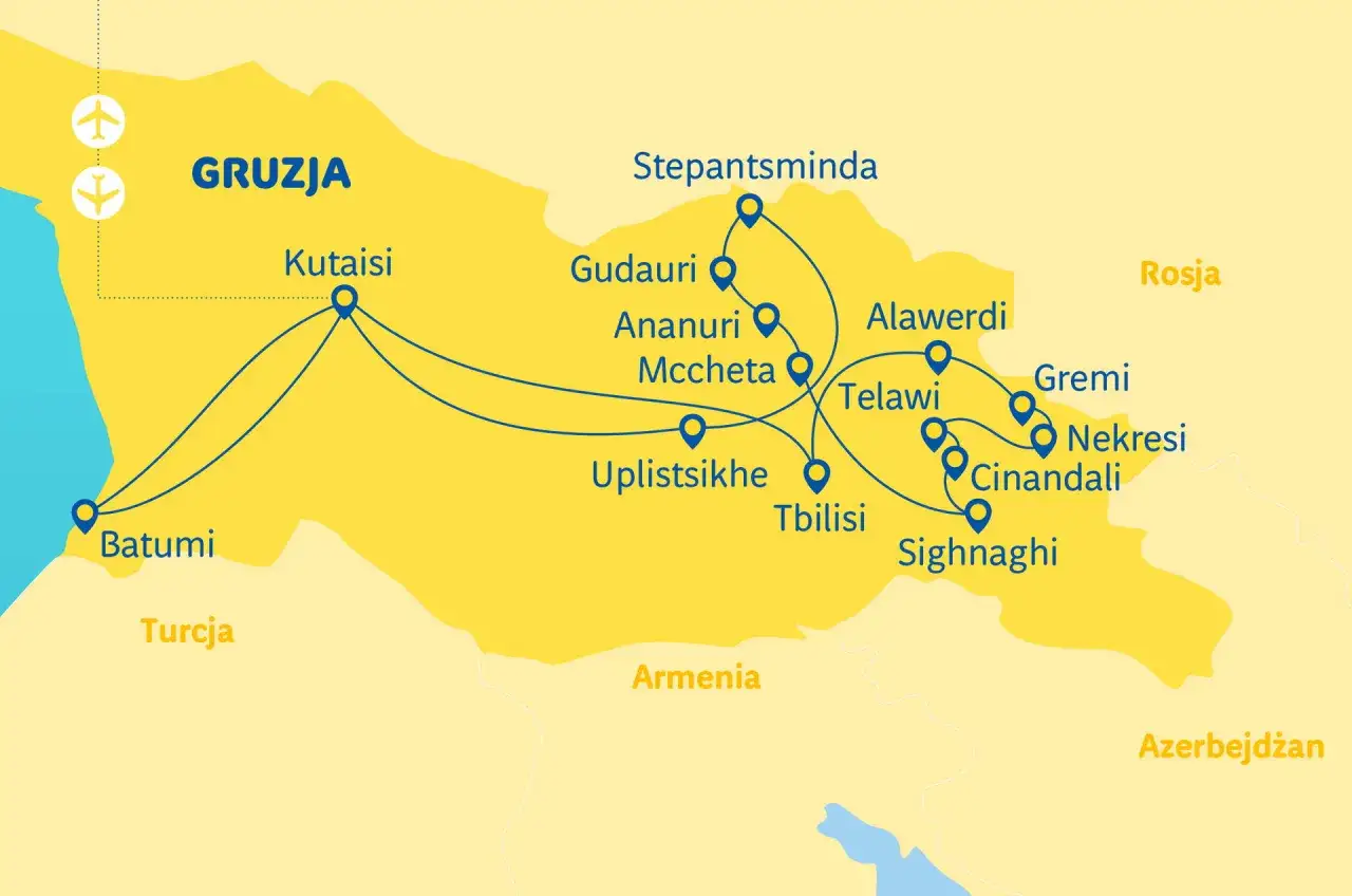 Mapa Gruzji z zaznaczonymi miastami: Batumi, Kutaisi, Tbilisi, Sighnaghi i innymi. Idealny gruzja przewodnik po trasach podróży.