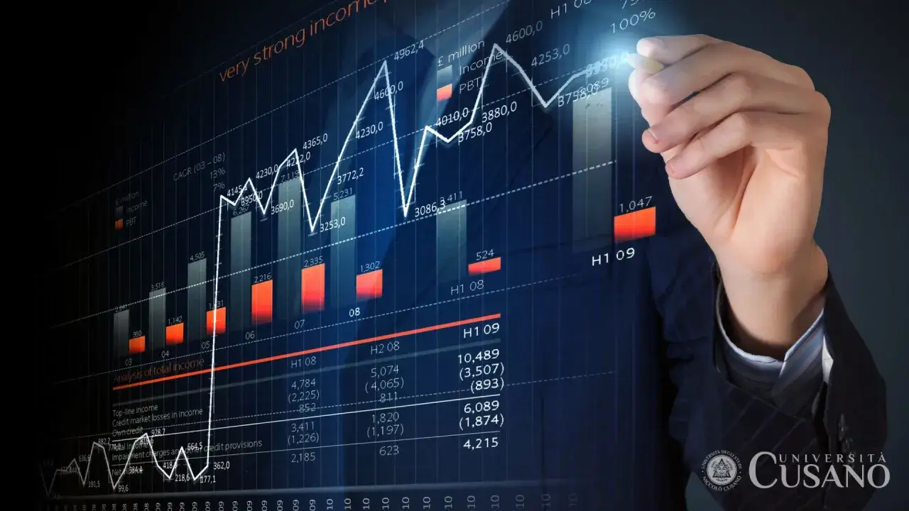 Analisi finanziaria con grafici e mano che scrive. Un percorso per diventare un **corso broker finanziario** di successo.