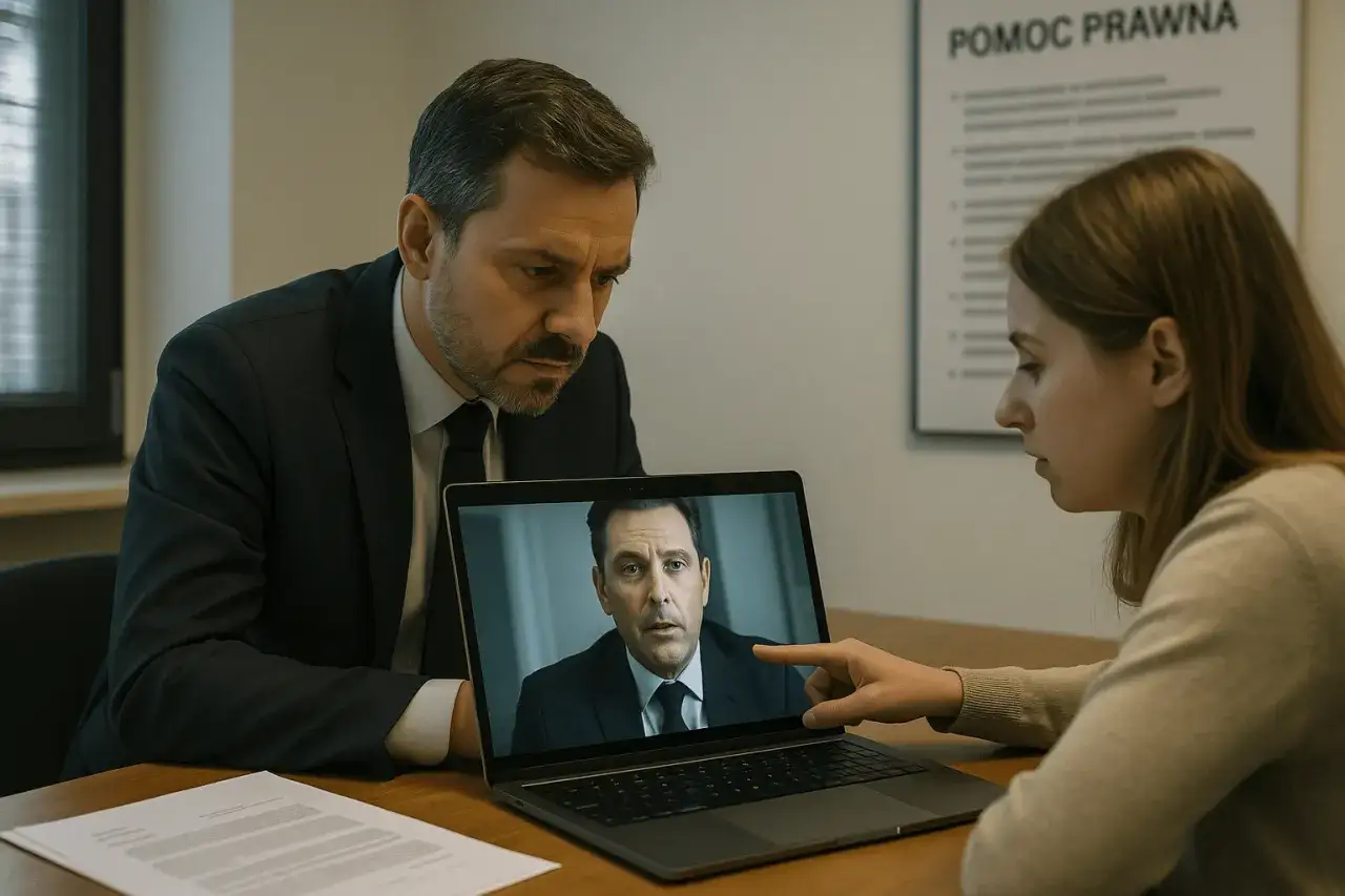 Mężczyzna i kobieta oglądają na laptopie nagranie z ukrytej kamery, które może zniszczyć karierę popularnego komika.