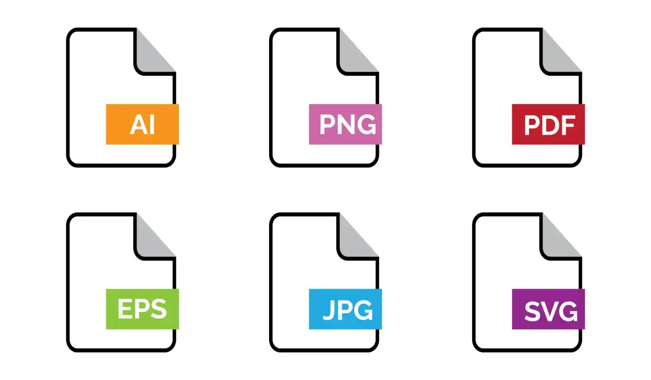 Ikony plików: AI, PNG, PDF, EPS, JPG, SVG. Wybierz format dla swojego projektu graficznego.