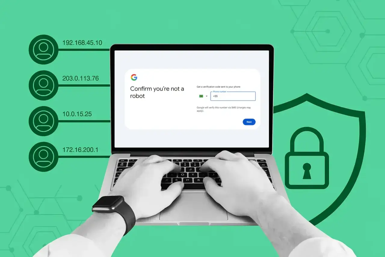 Ręce wpisują numer telefonu na laptopie, by potwierdzić, że nie jesteś robotem. To krok w procesie, jak założyć konto Google.