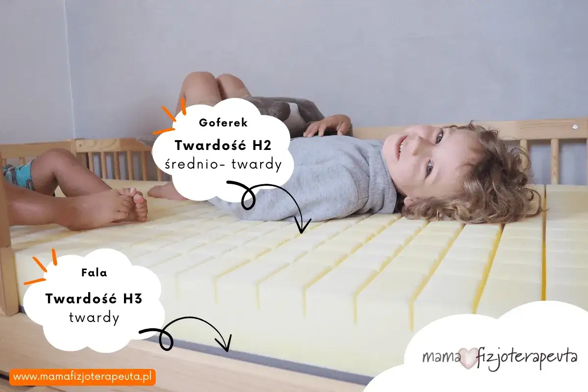 Dziecko leży na materacu. Czy twardy materac jest zdrowy? Wskazane twardości H2 (średnio-twardy) i H3 (twardy).