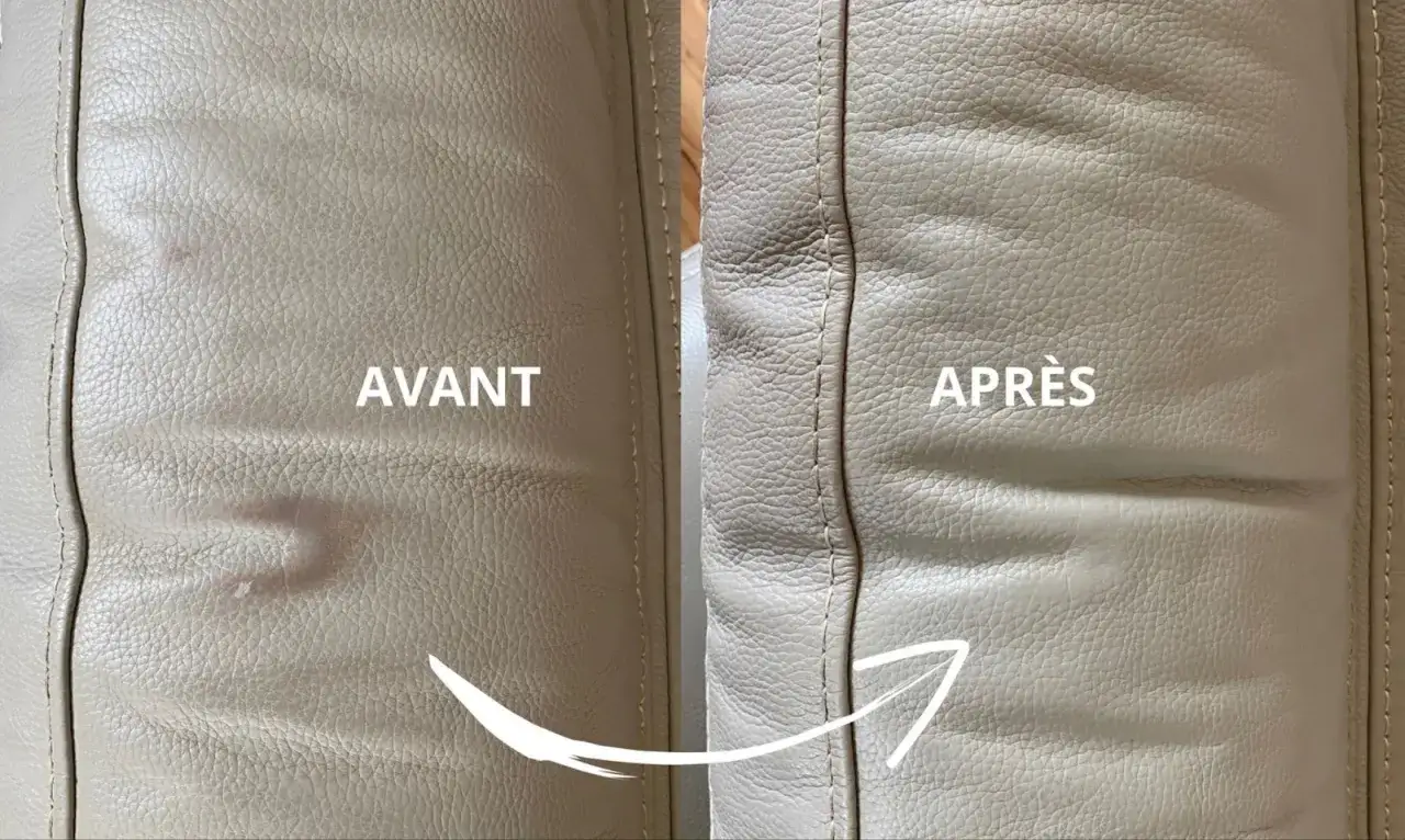 Avant/Après : le cuir craquelé est réparé, retrouvant sa souplesse et son éclat.