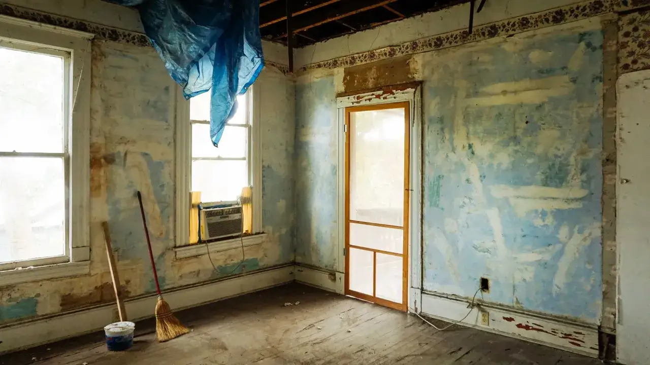 Interno di una casa da ristrutturare, con pareti scrostate e un telo blu appeso. Ideale per chi cerca un bonus ristrutturazione case vecchie.