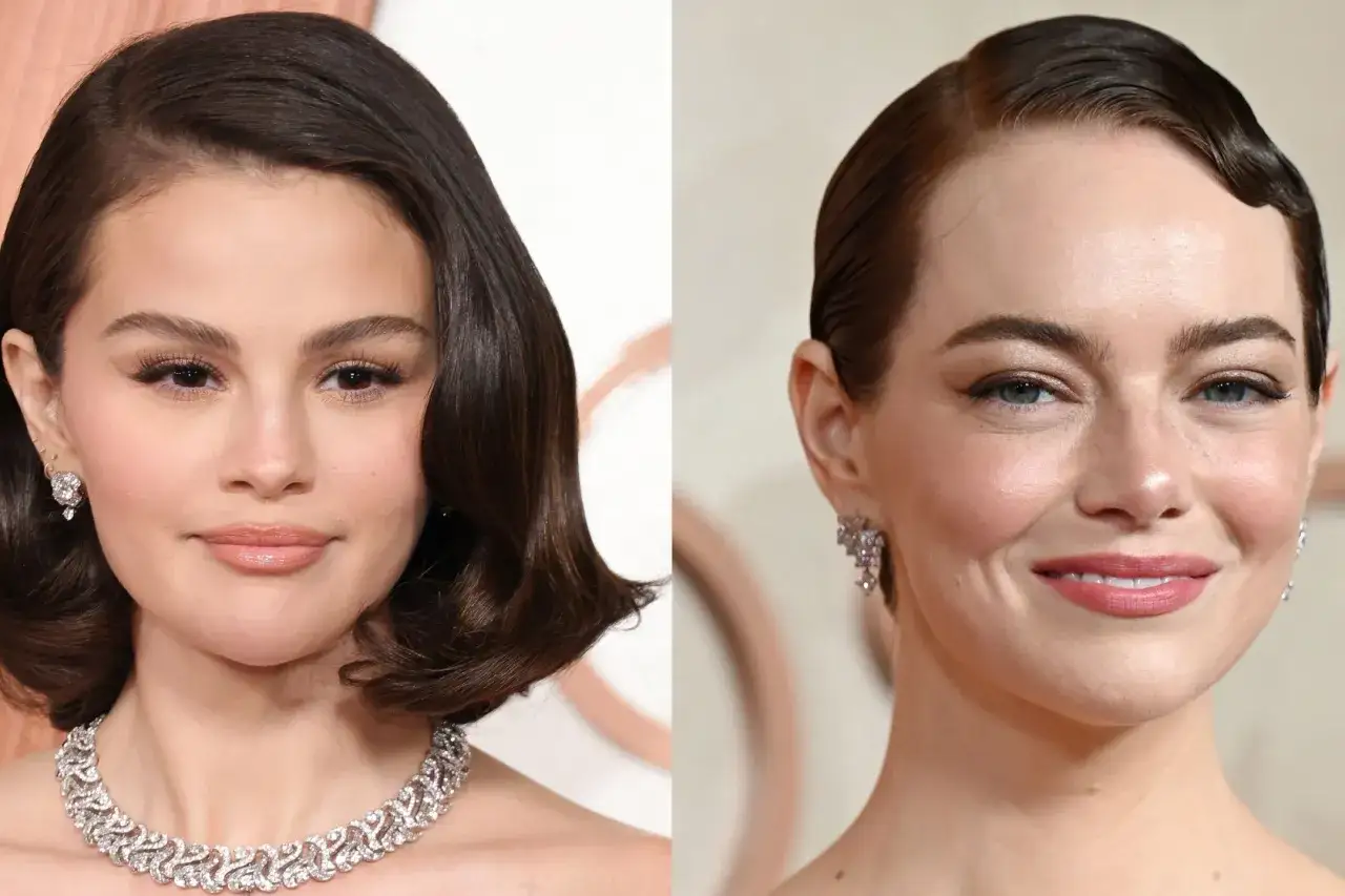 Selena Gomez und Emma Stone zeigen fransige Kurzhaarfrisuren Damen, elegant gestylt mit funkelndem Schmuck.