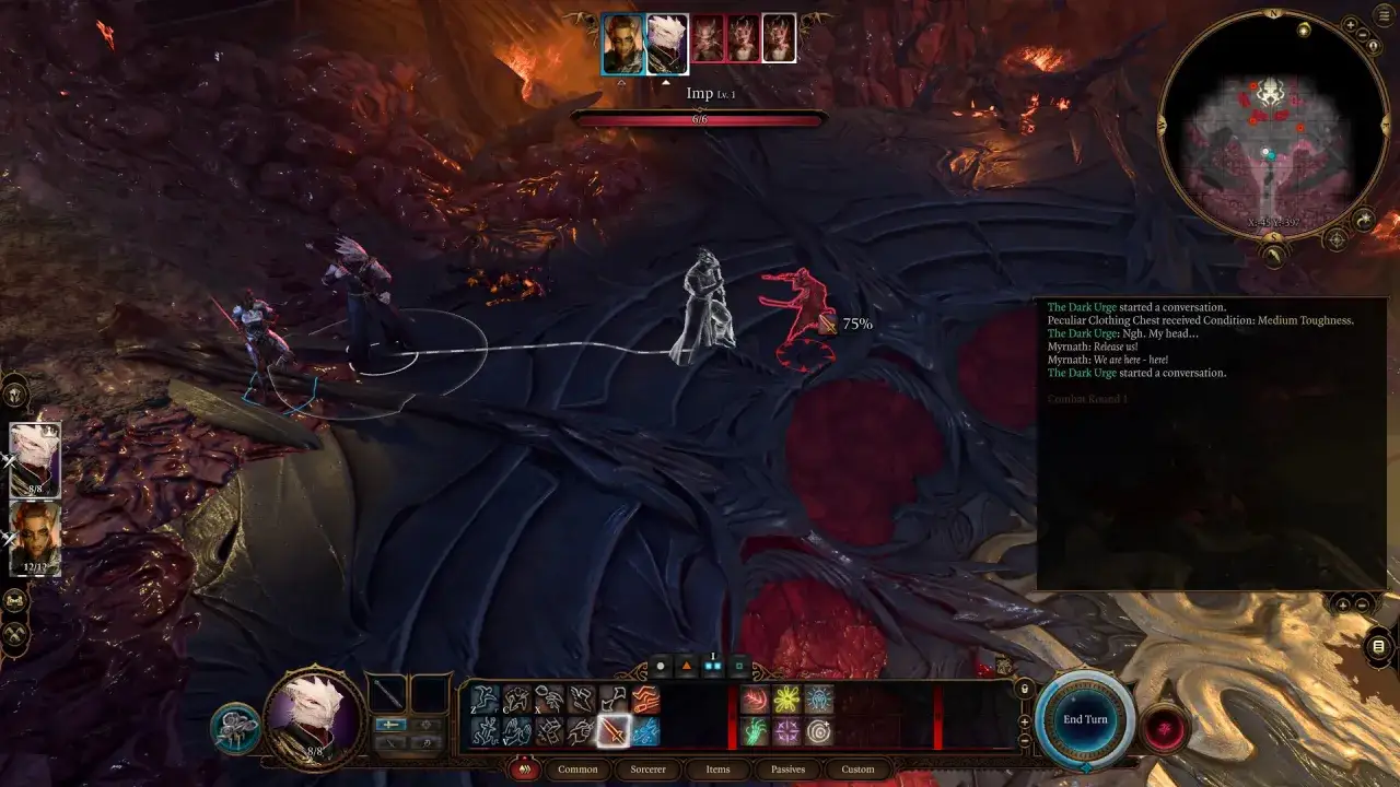 Combate en Baldur's Gate III. Personajes luchan en un entorno org&aacute;nico y oscuro. El 