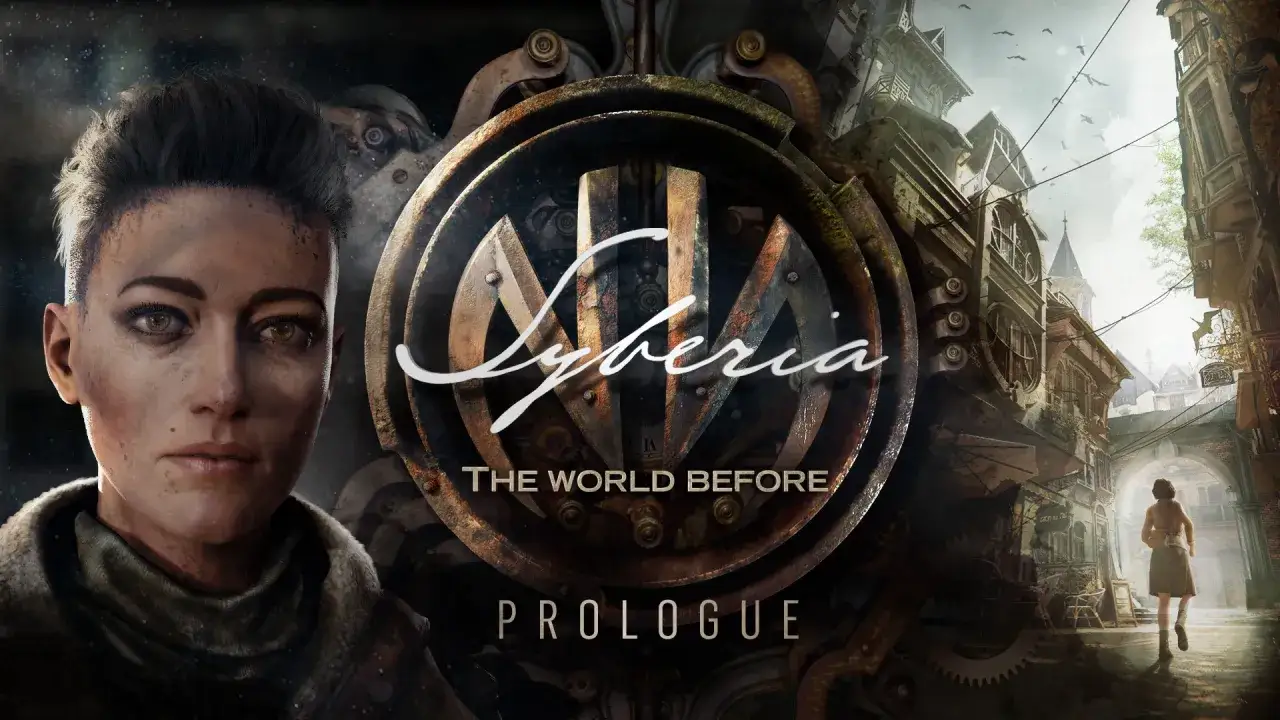 Kobieta z Syberii: The World Before. W tle steampunkowe miasto i mechaniczne koło z logo gry.