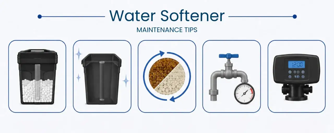 Water softener maintenance tips: salt tank, clean tank, resin beads, pressure gauge, and control panel.