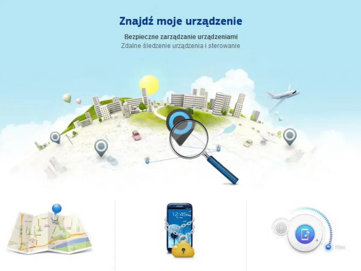 Jak znaleźć telefon w domu? Ilustracja pokazuje mapę z lokalizatorami, lupę nad miastem i telefon z łańcuchem.