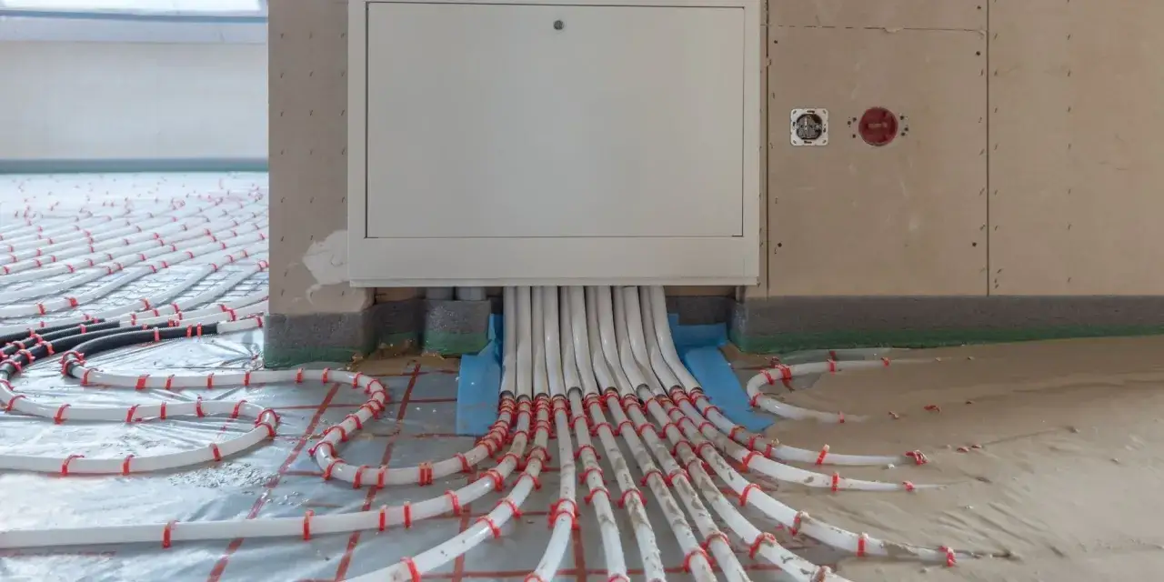 Installation de tubes pour comment tester un plancher chauffant &eacute;lectrique. Les tubes blancs sont fix&eacute;s sur une grille et sortent d'un coffret blanc.