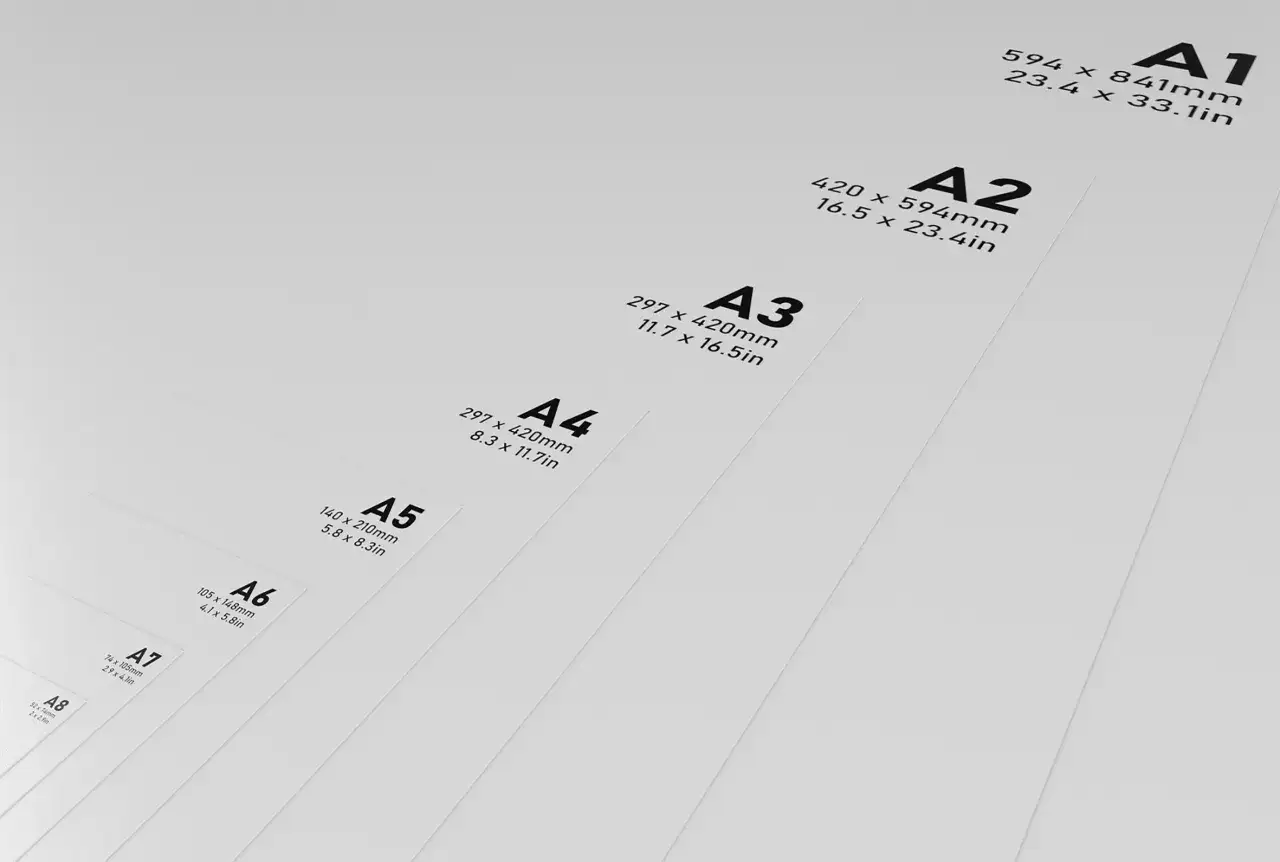 Tamaños de papel A1 a A8, con A5 destacado.