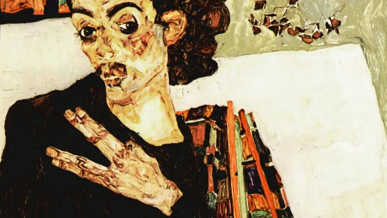 Ekspresyjny portret z charakterystycznymi dla Egon Schiele dzieła, z dłońmi w geście niepokoju.