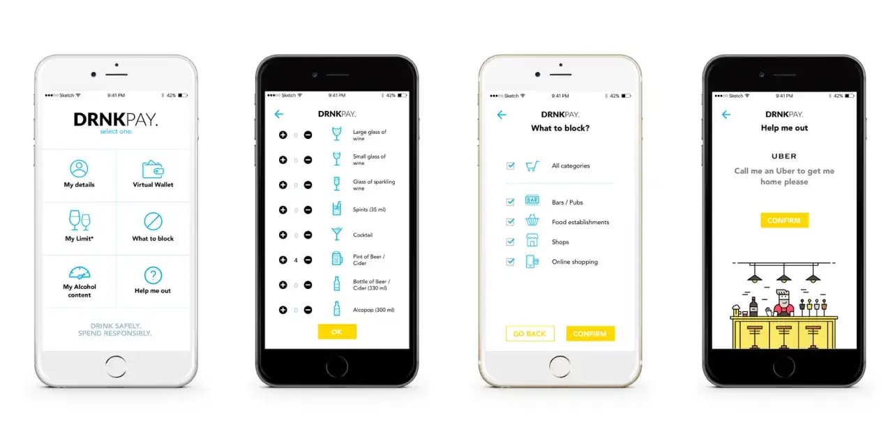 Pantallas de app: selección de bebidas, bloqueo de categorías y solicitud de Uber. Las opiniones sobre el plazo de entrega son positivas.